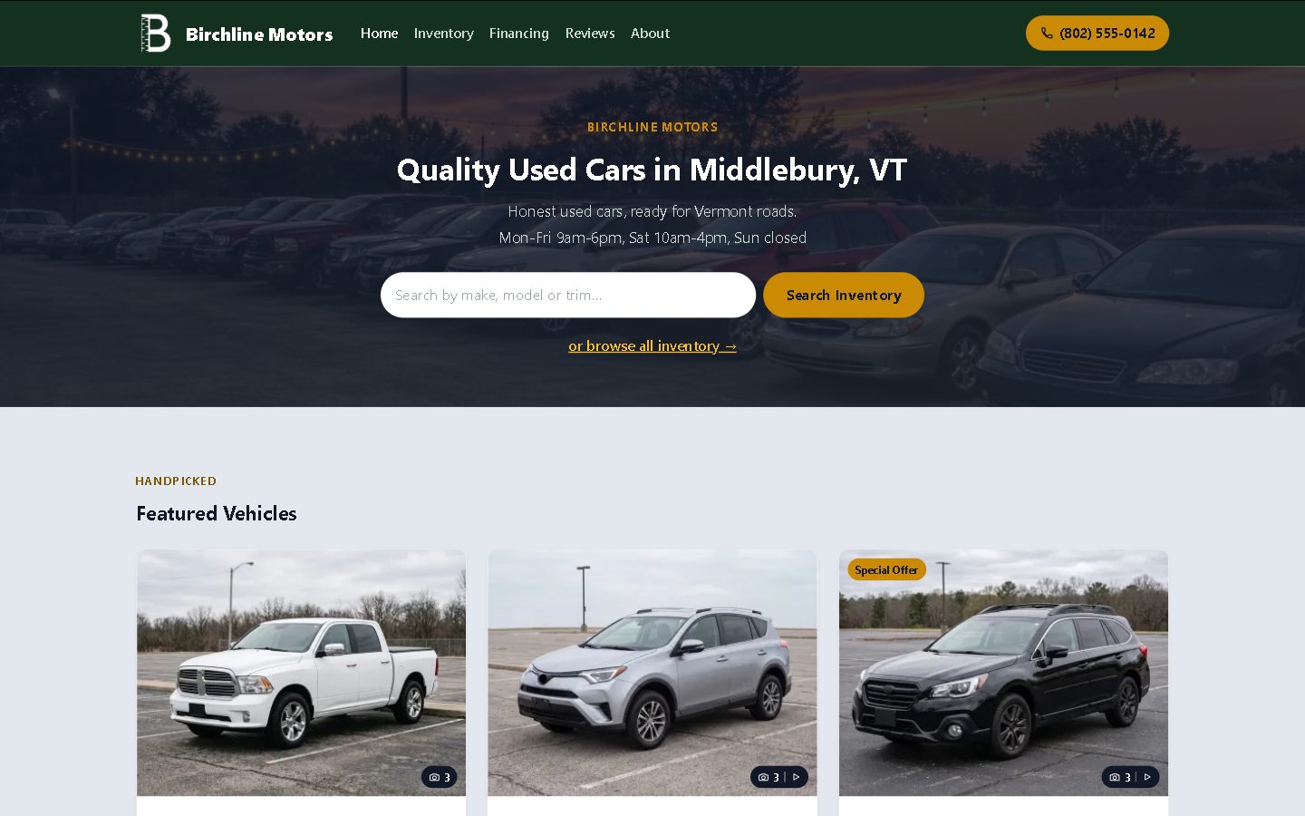 The Birchline Motors used car dealer template home page