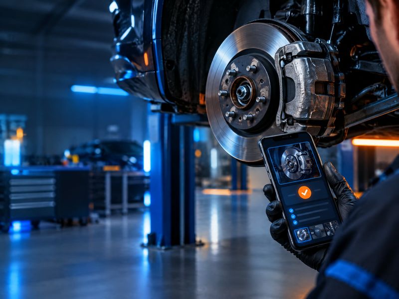 Technician inspecting a brake component during a digital vehicle inspection
