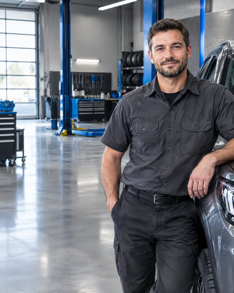 Master technician standing in a modern automotive service bay